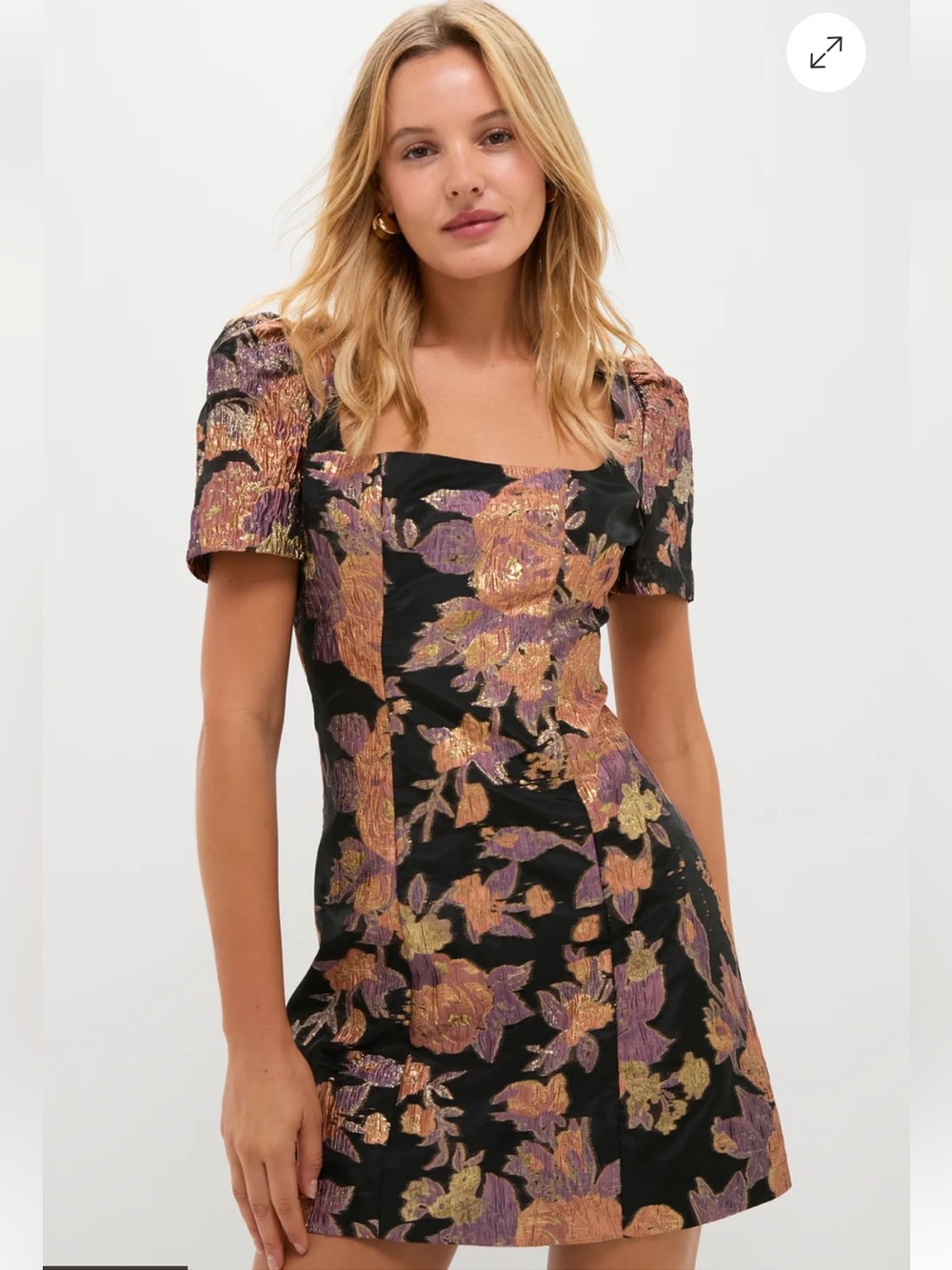 Square Neck Floral Jacquard Mini Dress in Black and Gold
